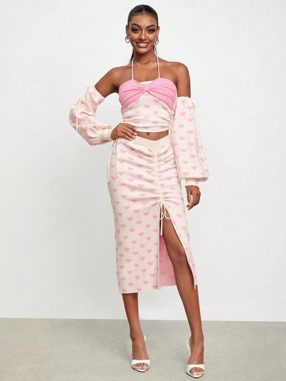 Pink Heart Print Two-Piece Midi Skirt Set Small